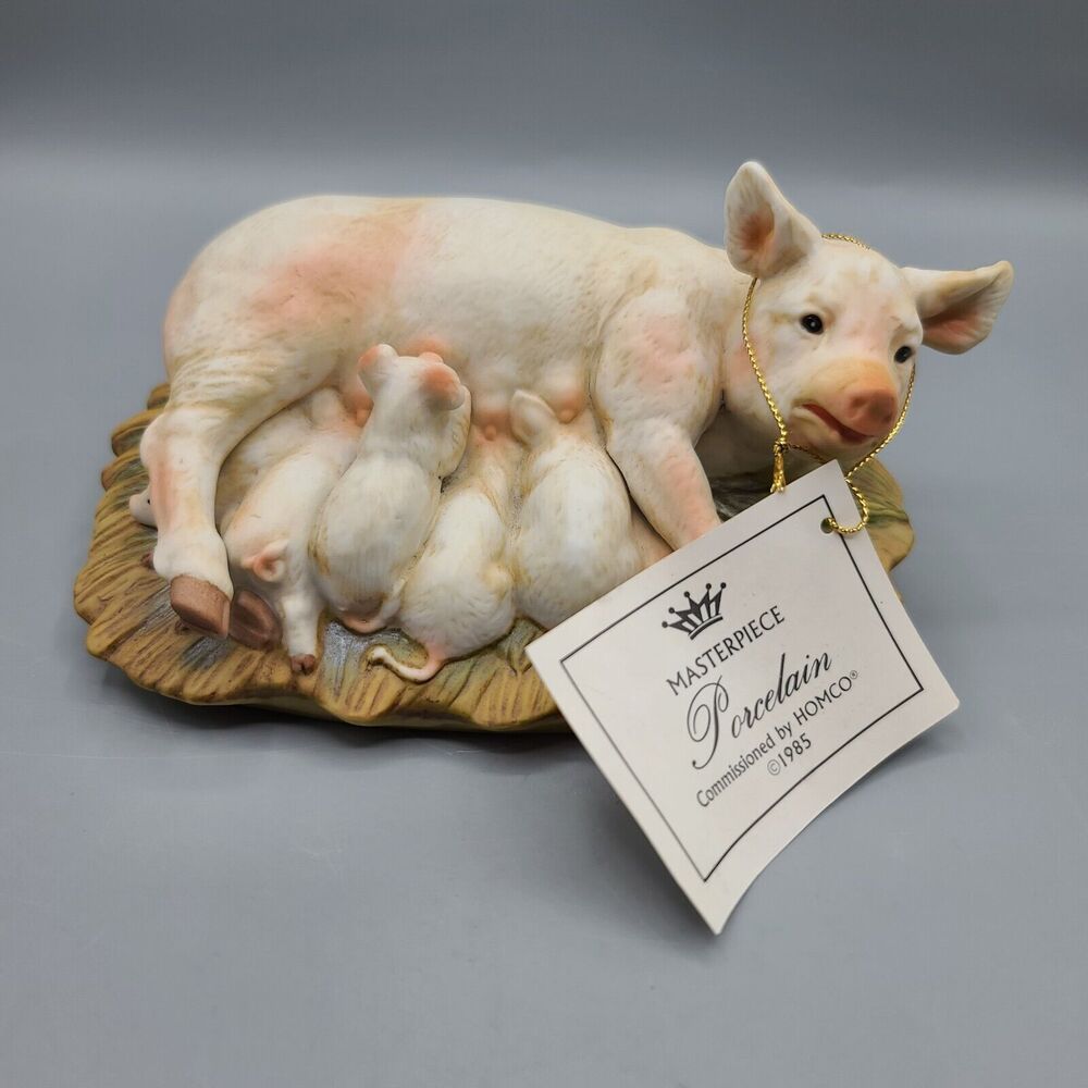 Vintage Homco Masterpiece Porcelain 1985 Mama Pig & Baby Piglets Figurine
